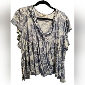 Haptics 3X Blue Floral Ruffle V-Neck Women's Top